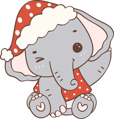 Christmas Elephant with Santa Hat Cartoon Animal Hand Drawing. 
