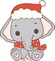 Christmas Elephant with Santa Hat Cartoon Animal Hand Drawing. 