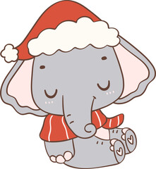 Christmas Elephant with Santa Hat Cartoon Animal Hand Drawing. 