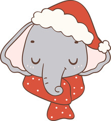 Christmas Elephant with Santa Hat Cartoon Animal Hand Drawing. 
