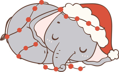 Christmas Elephant with Santa Hat Cartoon Animal Hand Drawing. 