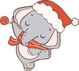 Christmas Elephant with Santa Hat Cartoon Animal Hand Drawing. 