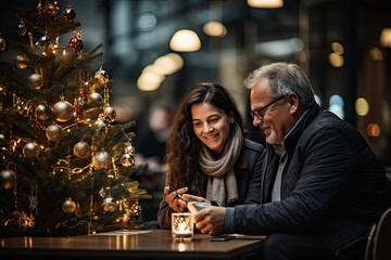 Obraz na płótnie Canvas a man and woman sitting in front of a christmas tree looking at their cells while they look at the phone