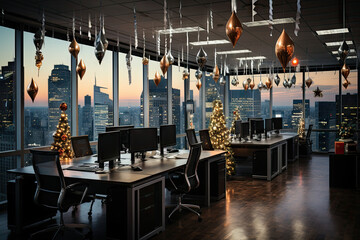 an office with christmas decorations hanging from the ceiling and desks in front of large windows looking out to city skyline - Powered by Adobe