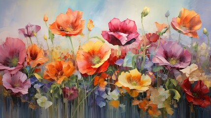 vibrantly-colored oil painted flowers - beautiful floral artwork - obrazy, fototapety, plakaty