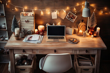 a desk with an open laptop computer and christmas lights on the wall in the background is a wooden table, white chair