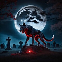 Howling of wolf towards the moon in a dark night, wolf howling at the moon in night with stars and trees in the forest
