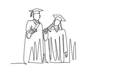 Animated self drawing of continuous line draw of group male and female college student show their graduation letter to celebrate graduate from school. Education concept. Full length one line animation