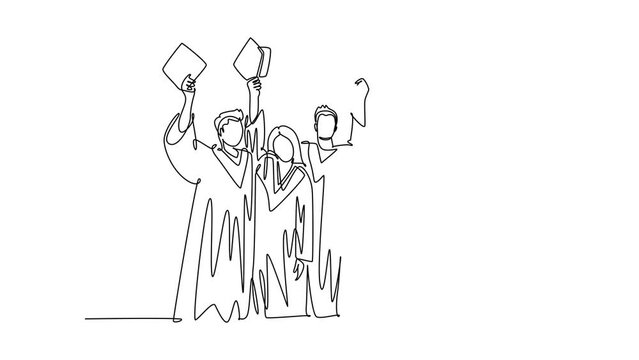 Animated self drawing continuous line draw group of happy male and female college student lift up their cap to the air to celebrate school graduation. Education concept. Full length one line animation