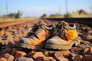 an old pair of shoes sitting on the railroad tracks with a yellow flower in its shoelaced soles