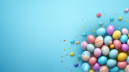 Fototapeta na wymiar Easter banner with a festive design, suitable for a website header template. Authentic 3D design components. Spring break. A basket of Easter eggs. An aerial view. a background of blue. 