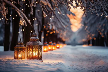 a lantern in the snow with some lights shining down on it and trees covered in snow all over the place