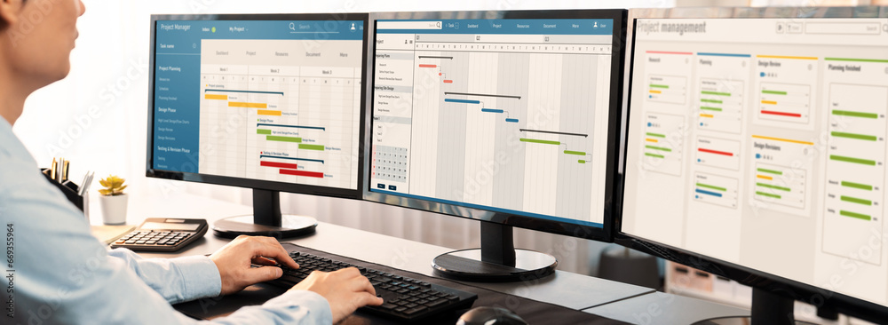 Poster project manager planning schedules for business task on office using gantt chart software display on
