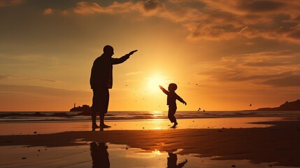 Fototapeta premium golden sunset fun: father and son bonding on the beach for father's day