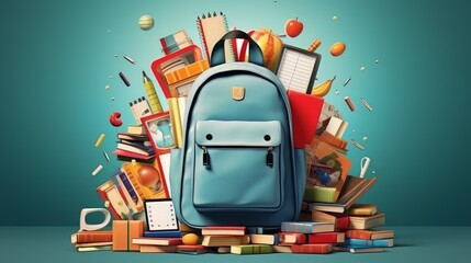 Back to school, school bag, books, stationery 