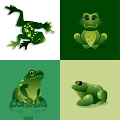 Simple, illustrated collection of cute frogs on 4 green color squares.