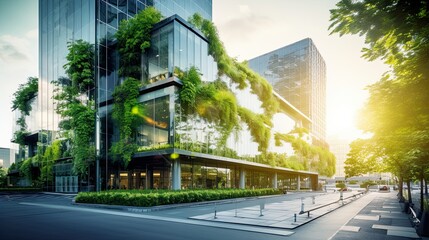 Eco-friendly building modern city sustainable glass building Ecology concept Office building with green environment