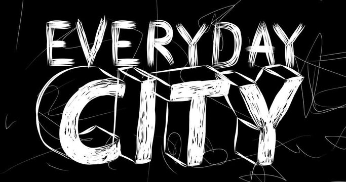 Everyday City word animation of old chaotic film strip with grunge effect. Busy destroyed TV, video surface, vintage screen white scratches, cuts, dust and smudges.