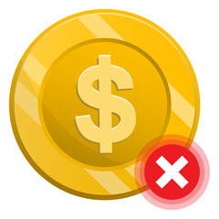 Vector illustration of coin rejected icon sign and symbol. colored icons for website design .Simple design on Transparent background (PNG).