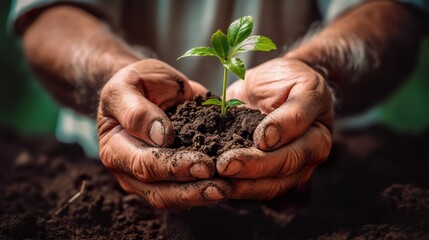 Plant in hands Environment famer hands holding soil outdoor Ecology concept