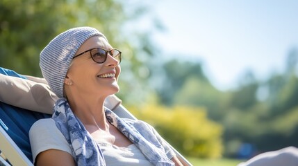 Portrait of the patient woman after chemotherapy female cancer patient wearing head scarf - obrazy, fototapety, plakaty