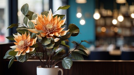 beautiful floral decorations adorning a cozy restaurant or coffee shop