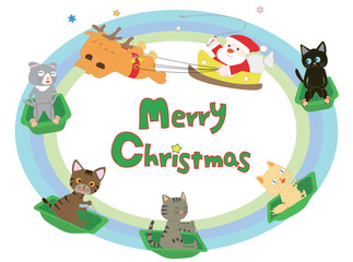 ウィンタースポーツで楽しんでいる猫たちと一緒にクリスマスを祝うサンタクロース。