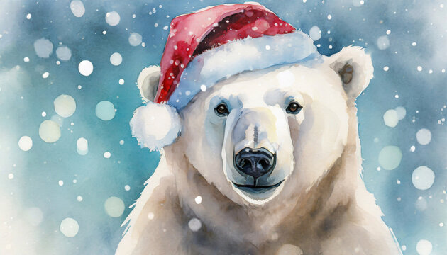 Polar Bear wearing a Santa hat snow falling retro watercolor greeting card Christmas Winter concept 