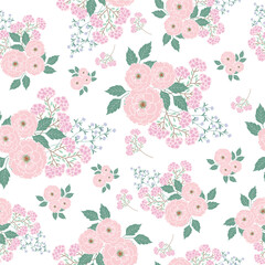 Pink seamless flowers pattern. Delicate petals and vibrant blossoms create an artistic and vintage botanical illustration. Perfect for wallpaper, fabric, wrapping paper and more.