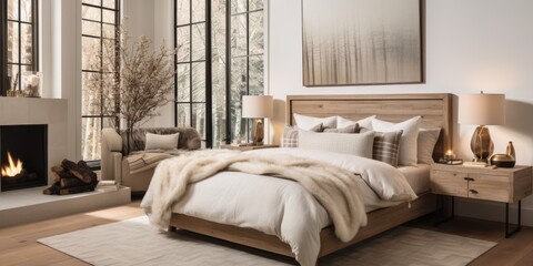 a cozy and inviting guest bedroom with a plush bed, soft bedding, and warm lighting. AI Generative