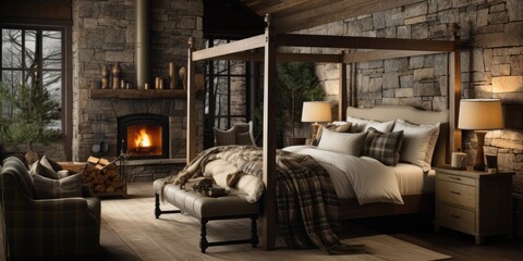 a cozy and rustic bedroom with a wooden four-poster bed, plaid bedding, and a stone fireplace. AI Generative