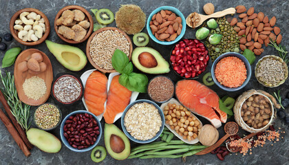 High fibre health food concept with super foods high in antioxidants, omega 3, vitamins & protein with low GI levels for diabetics. Helps to lower blood pressure & cholesterol. Flat lay. Top view