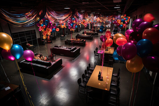 a party room with balloons and streamers hanging from the ceiling to the floor, all decorated in bright colors