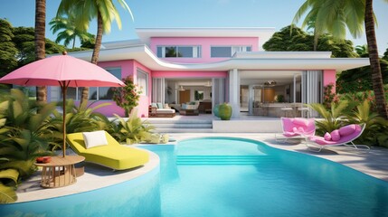 residence or home Tropical pool with lush garden, sunbed, umbrella, pool towels, and vibrant floating unicorn
