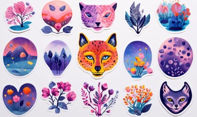 Graphic Resources Watercolour Animal Stickers, Clipart, Icons, Folk Art, foxes, Soft Colours, Boho Art, design elements, floral, botanical artworks, hand painted, feline creatures, big cats, wolves