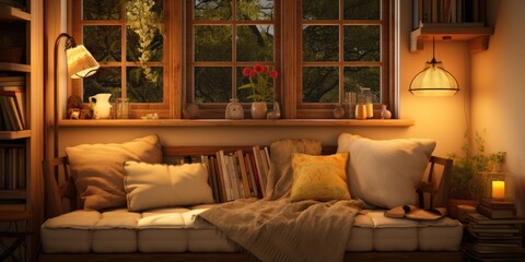 a cozy reading nook with a built-in window seat, plush cushions, and a vintage reading lamp. AI Generative - obrazy, fototapety, plakaty
