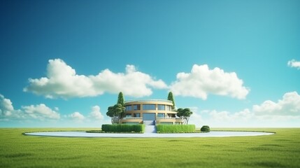 Fototapeta na wymiar Hotel on earth and lawn grass in real estate sale or property investment concept. 3d illustration 