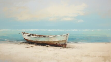 Naklejka na ściany i meble Oil painting seascape with old wooden boat on the beach. 