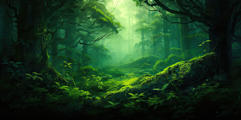 Forest woodland trees background backdrop nature wide banner, generated ai