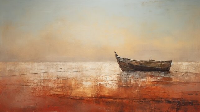 Oil painting seascape with old wooden boat on the beach. 
