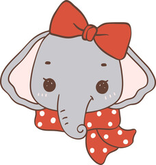 Christmas Elephant with Red Bow Cartoon Animal Doodle Hand Drawing