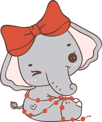 Christmas Elephant with Red Bow Cartoon Animal Doodle Hand Drawing