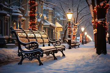 a bench in the middle of a snow covered street with christmas lights hanging from trees on either side of it - Powered by Adobe