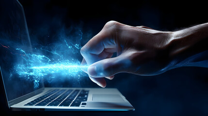 person typing on laptop, electric beam  finger to laptop, Fast data transfer - obrazy, fototapety, plakaty
