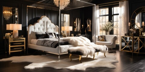 a glamorous Hollywood Regency-inspired bedroom with a mirrored canopy bed, and a crystal...