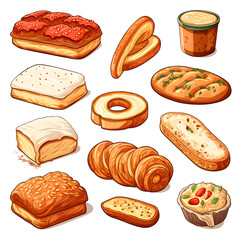 cornbread, bread icons. Bakery pastry products. Sweet desserts, watercolor illustration
