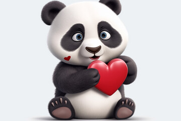 Cute panda holding a red heart, 3d rendering.