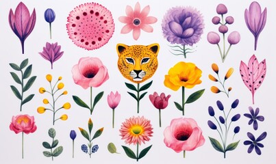 Beautiful Vintage Style Watercolor Flowers and Feline art, analog, soft colours, muted palette, pastels, pink and purple, bohemian style, artistic, whimsy, whimsical art