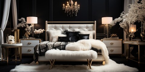 a glamorous Hollywood Regency-inspired bedroom with a mirrored canopy bed, and a crystal chandelier. AI Generative