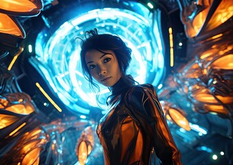 A fish-eye shot of an actress in a futuristic costume, surrounded by futuristic props